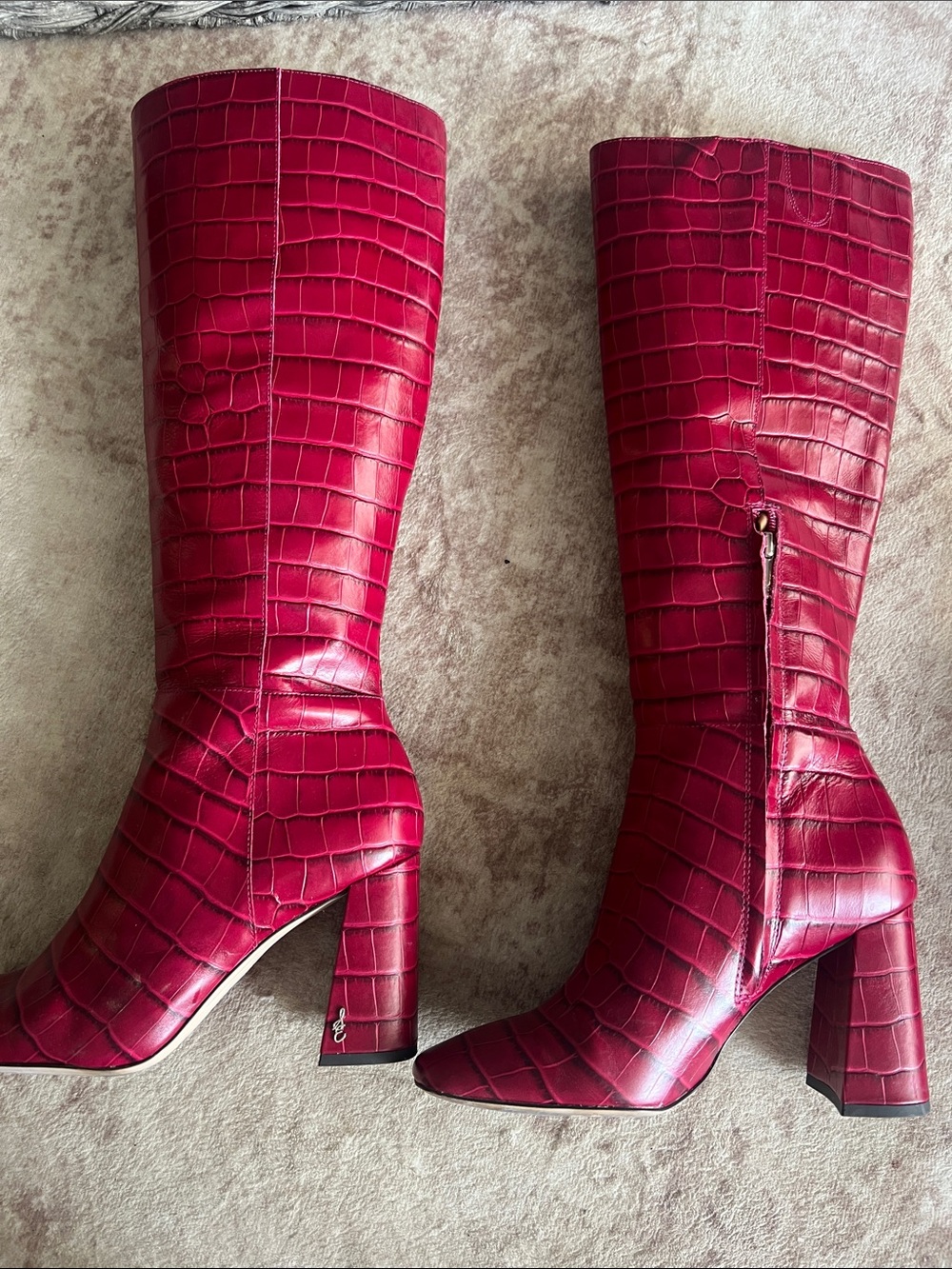 Sam Edelman Red Croc-Embossed Knee-High Block Heel Boots